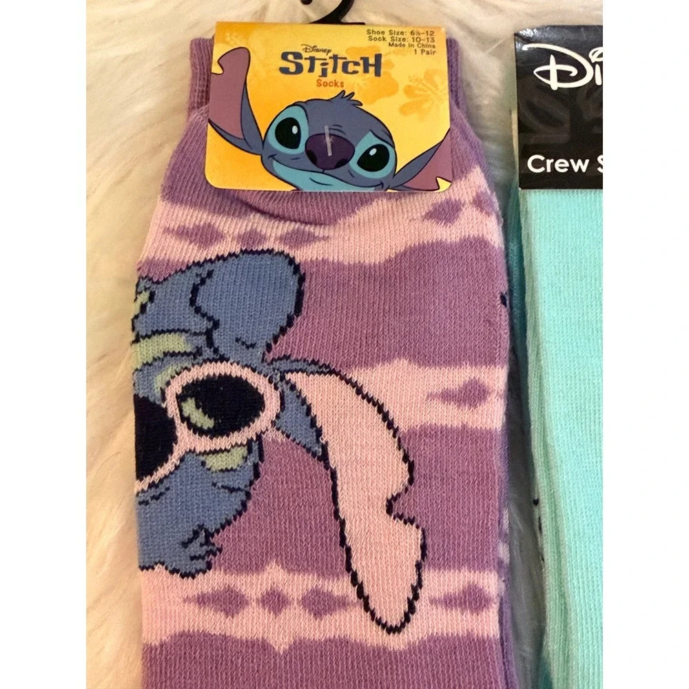 Disney Lilo & Stitch Crew Socks Bundle Purple Striped & Mint I Bite 2 Pairs NEW